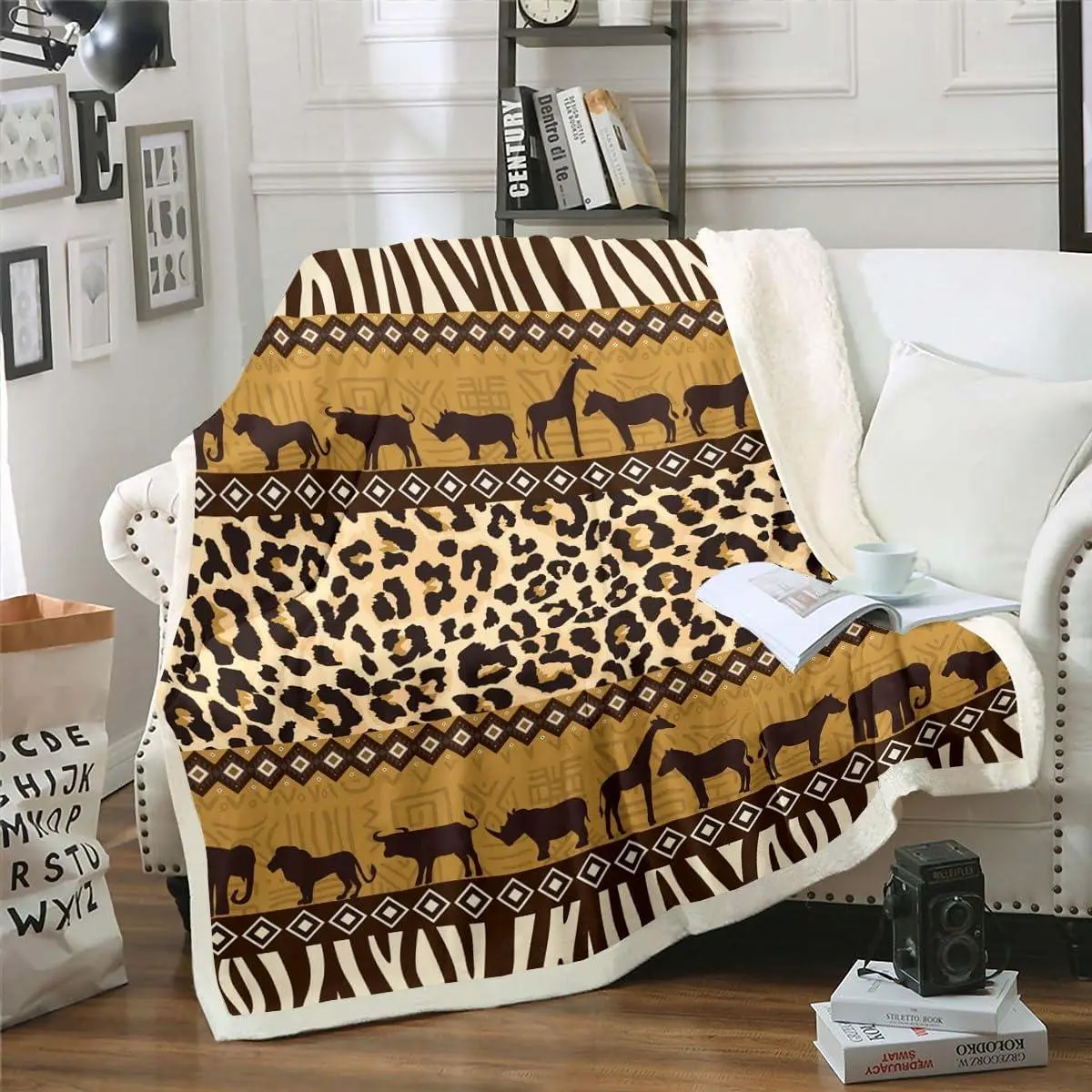 Feelyou African-Inspired Safari Animal Print Microfiber Fleece Throw Blanket - 40"x50", Super Warm, Multi-Size, Cozy Aesthetic, for Couch, Bed, Chair, Picnic, Camping, Cheetah Leopard Zebra Sherpa, Tribal Aztec Decor, Avoid Direct Heat, Reading