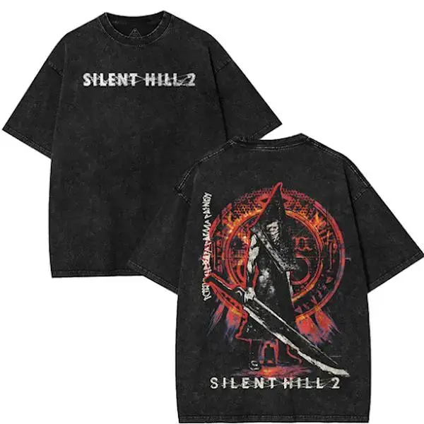 Men's Silent Hill 2 Pyramid Figure Horror Game Washed Cotton T-Shirt - Unisex Short-Sleeve Round Neck Lightweight Sportswear, Double-Sided Print, Fitted Cut Casual Merch Apparel