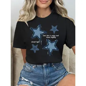 Shirt for Women - Summer Knit Fabric, Polyester, Round Neck, Star Pattern, Elastic Microfiber, Comfortable Fit