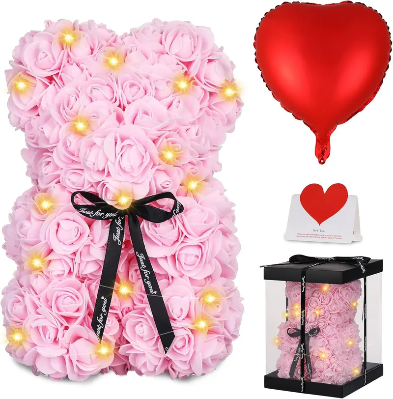 Rose Bear Christmas Flower Gifts for Her, Rose Teddy Bear with Lights, Cute Teddy Flower Bear, Birthday Gifts for Girl, Cute Romantic Gifts for Wife Girlfriend with Transparent Gift Box and Love Card