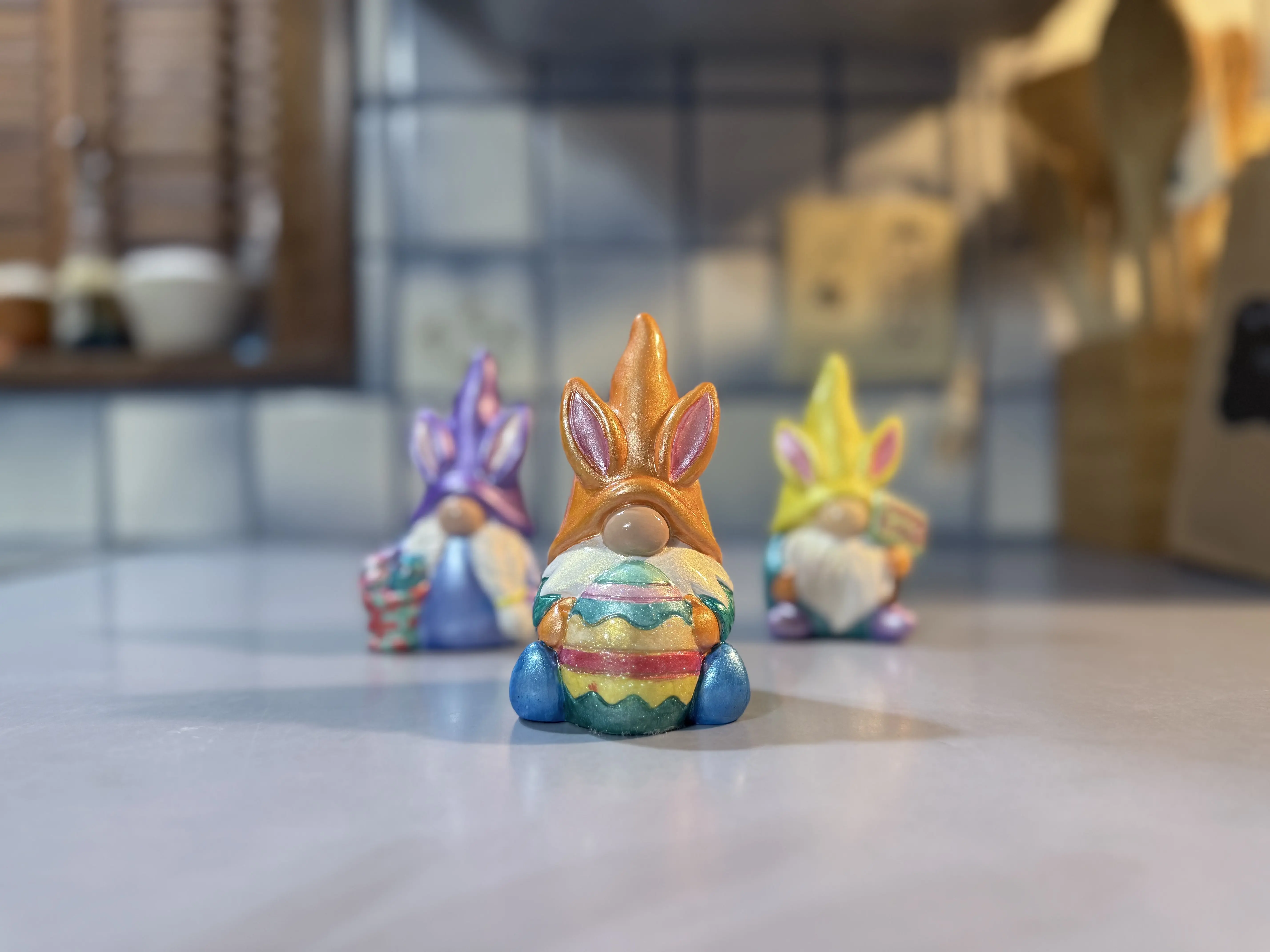 Ceramic Easter Gnome Statue - Hand Painted, Unique Orange and Blue Metallic, Light Sparkling Finish, Striped Eggs Themed Spring Home Decor Gift Ornament