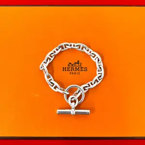 Pre-owned HERMÈS Sterling Silver 925 (Ag925) Small Leather Goods Hermes Chaine d’Ancre PM Silver Bracelet