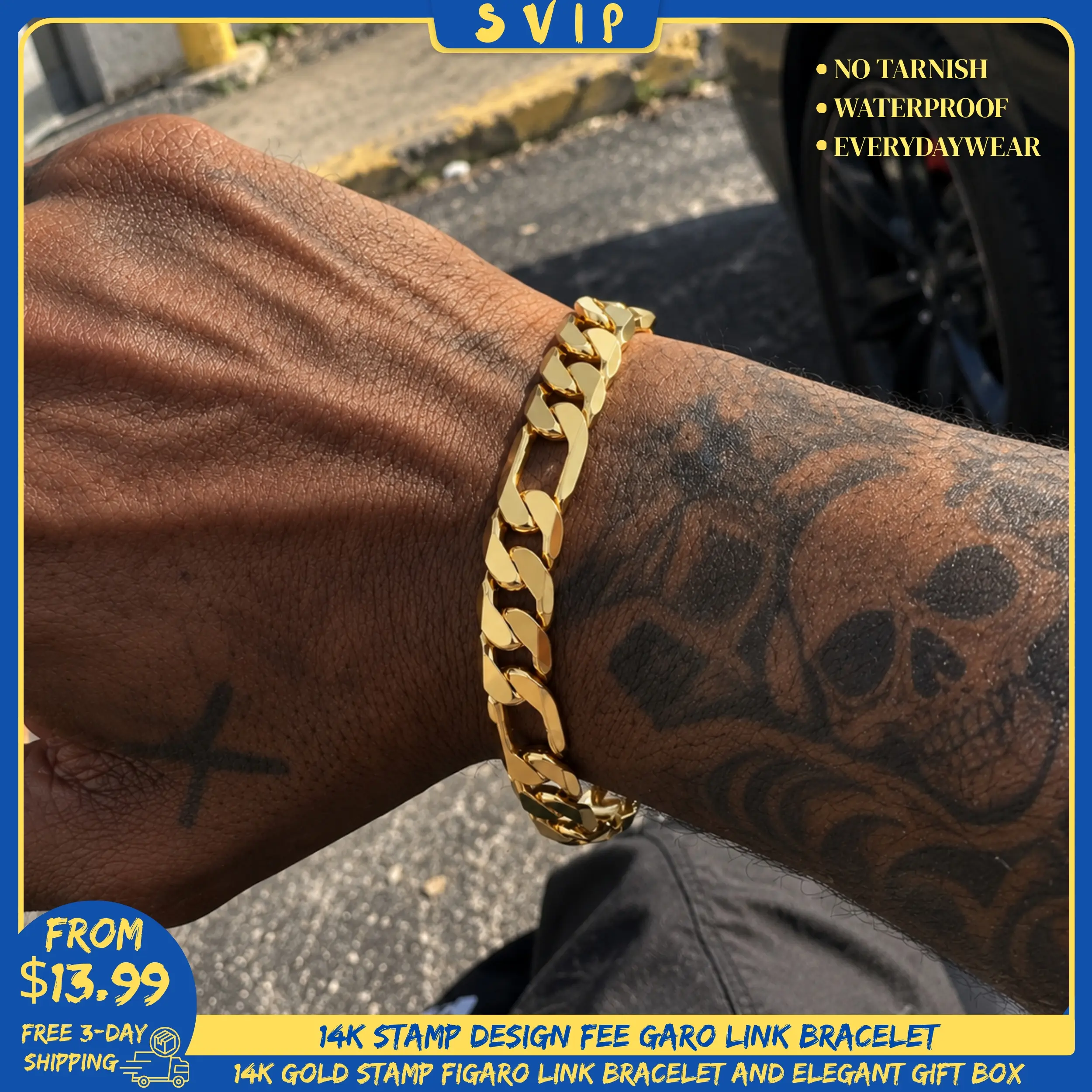 [Free 3-Day Shipping] 14K Gold-Plated Figaro Chain Bracelet for Men - 9mm/10mm Wide, 7.5"/8.5" Italian Cuban Link, Nanotech Coated Non Tarnish Durable Lightweight Gold Jewelry, Hip Hop Streetwear, Minimalist Layering Men's Accessories, Mens Gifts for Him