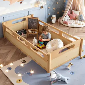 Twin Size Floor Platform Bed with Full-Length Guardrails, Low Profile Twin Bed Frame, No Box Spring Needed, Natural Wood Finish, Sturdy Wooden Slat Support, Space-Saving Bedroom Furniture for Kids Teens Adults, Easy Assembly, Wood Slat or Metal
