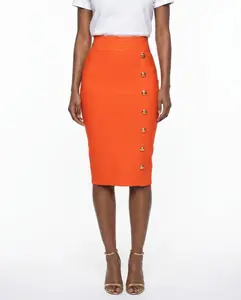 Orange Bandage Pencil Skirt with Gold Button Detail