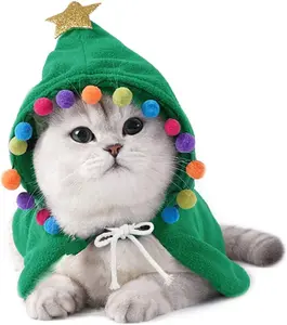 Pet Dog and Cat Christmas Costume, Xmas Cape with Star & Pompoms, Santa Cape with Santa Hat, Xmas Outfit for Kitten and Small to Medium Sized Dog (Medium)