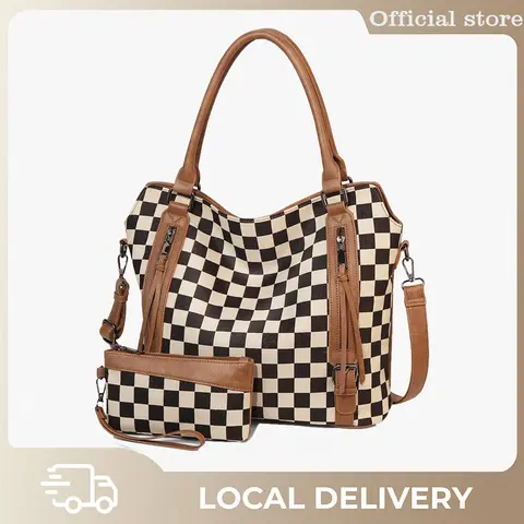 Women's Large Checked Pattern PU Leather Tote Bag - Retro Hobo Style, Multiple Pockets, Rain-Shedding, Durable, Lightweight, Fashionable, Casual Commuting, Everyday Purse for Women, Casual Commuting Bag