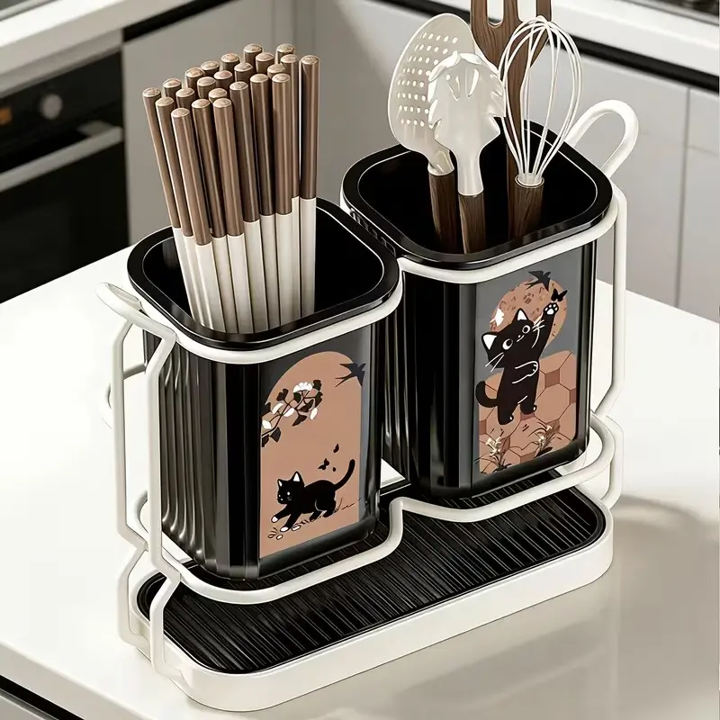 Carbon Steel Kitchen Utensil Rack with 2 Buckets, Wall-Mounted & Countertop Storage, Detachable Tray, Cute Cat Design, Durable