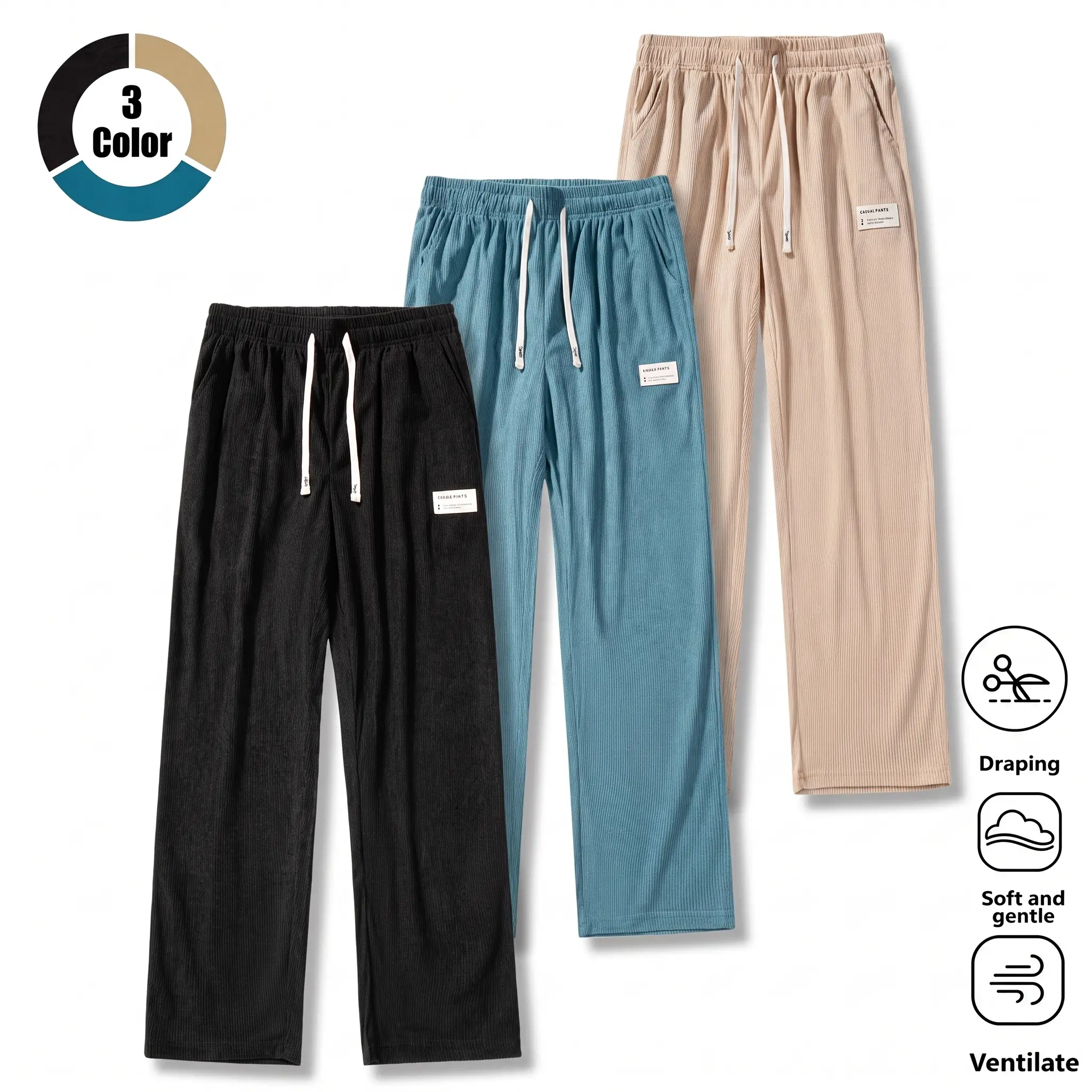 3-pack women’s all-season loose wide-leg athletic pants; casual women’s pants for shopping, travel, and vacations with a drapey feel; made from soft, breathable ribbed fabric with an elastic waistband and contrast drawstring.