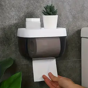 1pc Toilet Tissue Box, Self-adhesive Wall Mount Toilet Paper Holder With Storage Tray, Plastic Toilet Roll Paper Box, 3 Colors Options, Bathroom Organizer, Bathroom Accessories, Bathroom Decor, Bathroom Organizer Supplies