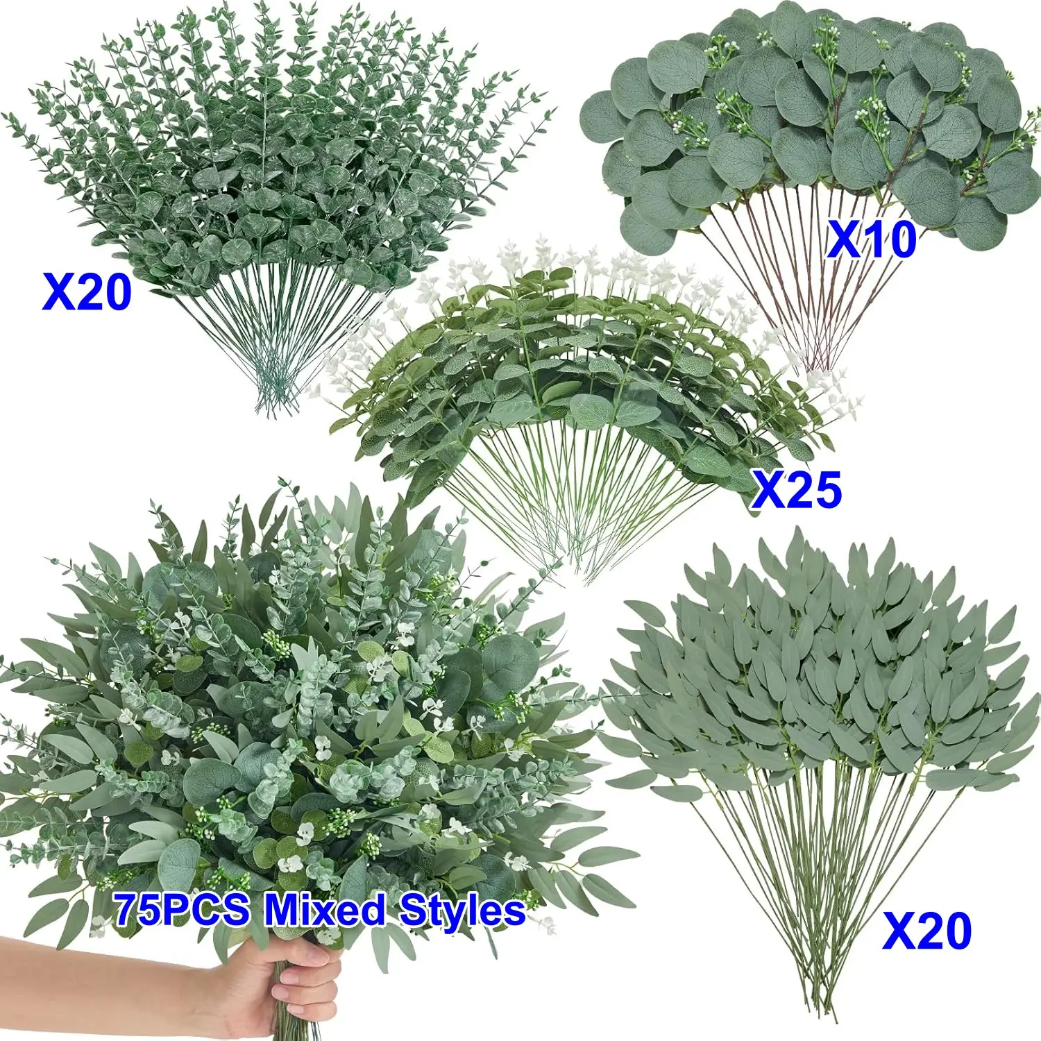 Realistic Eucalyptus Leaves and Stems, Natural Look, Ideal for Bouquets, Home Decor, Indoor Plants, Events, 75 Pieces, Multi-Color, Plastic Artificial Greenery, Eucalyptus Faux Plants, Fake Plants