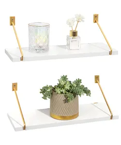 White Floating Shelves Set of 2, Modern Floating Shelves Wall Mounted with Gold Bracket Wall Shelves for Living Room Bathroom Bedroom Kitchen Office