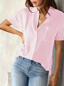 Loose Stripe Button Down Shirt, Short Sleeve, Collared Neck, Chest Pocket, Casual Daily Outfits, Non-Fitted Silhouette