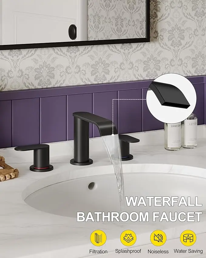 Matte Black Waterfall Bathroom Sink Faucet 3 Hole 8 Inch Widespread, 2 Handle Stainless Steel Vanity Faucet with Pop Up Drain & Supply Lines, Modern Bathroom Basin Tap