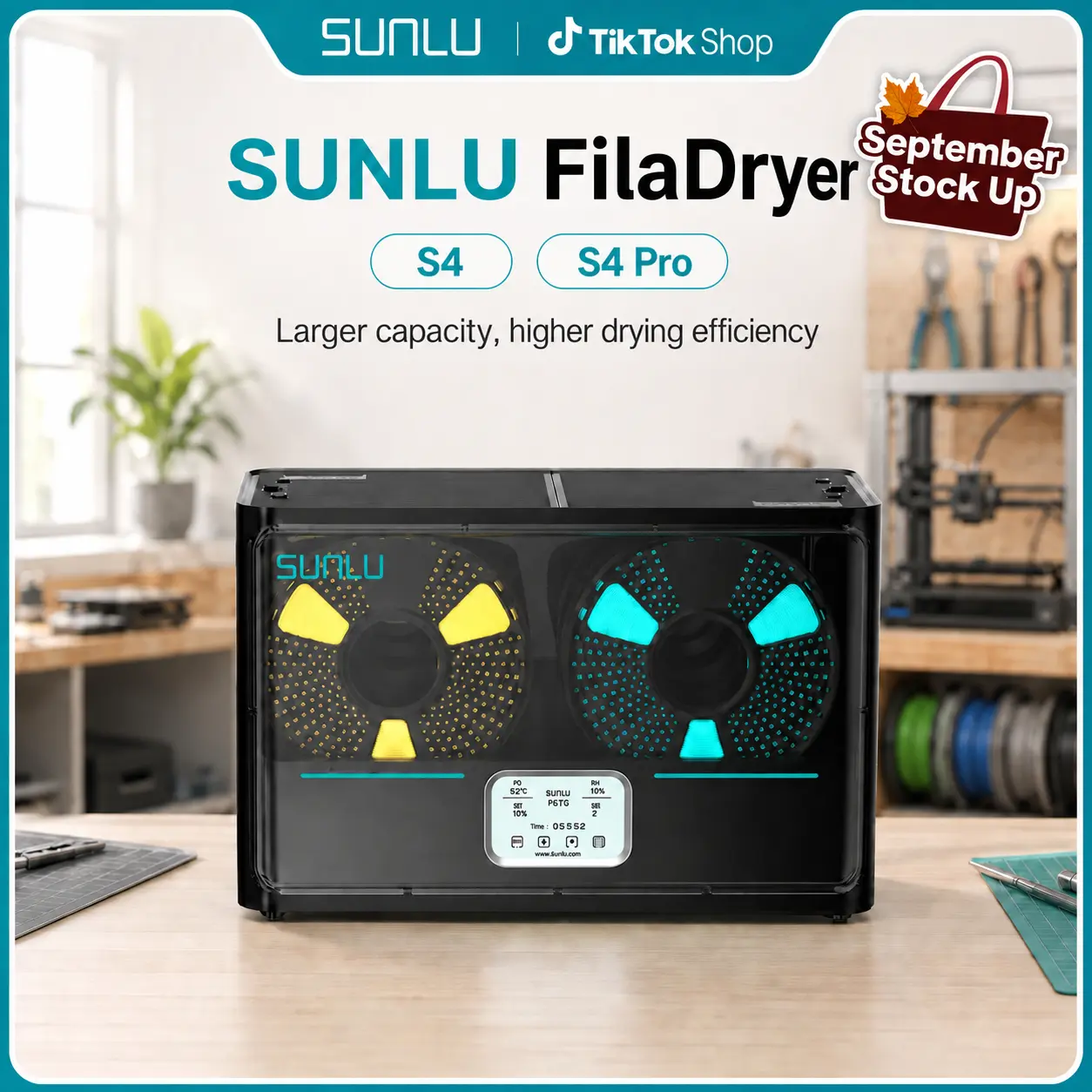 SUNLU FilaDryer S4, S4 pro, Temperature Balance and High Efficiency, the First Dryer for 4 Spools Capacity