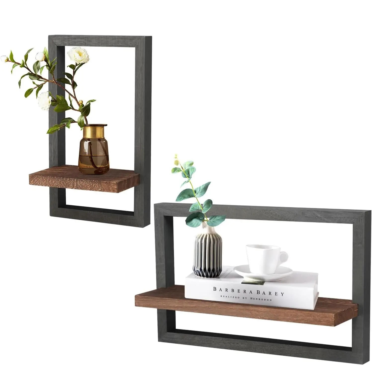 2-Piece Solid Wood Square Frame Floating Shelf Set - Wall-Mount Organizer, Room Accessories, Shelves for Bedroom, Blank Wall Decor Solutions, Modern Chic Home Decor for Living Room Plant Display