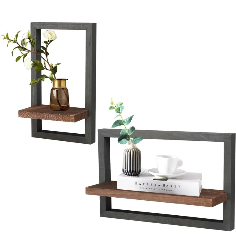 2-Piece Solid Wood Square Frame Floating Shelves - Wall-Mount Organizer, Room Accessories, Aesthetic Home Decor, Decor for Living Room, Plant Display Spot