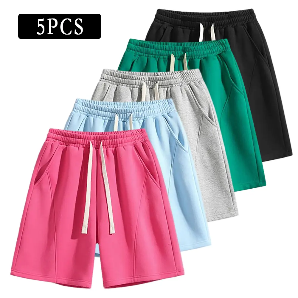 5 Pack Women's Oversize Fleece Lined Bermuda Shorts for Unisex, Loose Fit Comfy Basic Sweat Shorts with Pockets, Summer Minimalist Baggy Womenswear Bottom