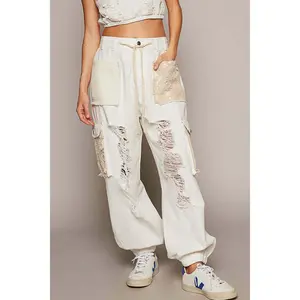 Loose Fitting Joggers with Contrasting Crochet by POL in Off White - Women's