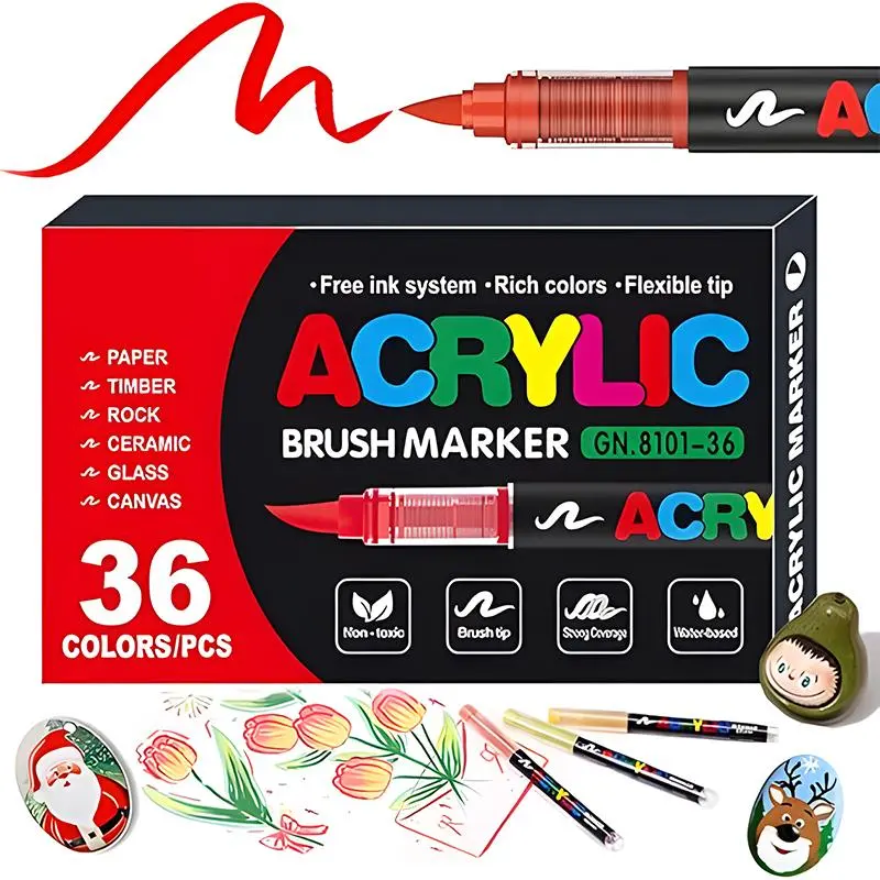 Acrylic Brush Marker Pen Set 36  PCS Waterproof Pen with Soft Brush Nib for Glass Stone Wood Plastic Paper Office Supplies Single Headed Marker Pen Kitchen Gadgets Rich Colors Flexible Tip Art Materials