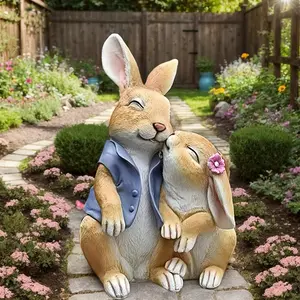 Snuggle up with the rabbit figurine, the cute rabbit statue decoration in the garden, outdoor animal figurines, resin handicrafts, lawn and garden home art decorations, Christmas, Valentine's Day and Easter gifts