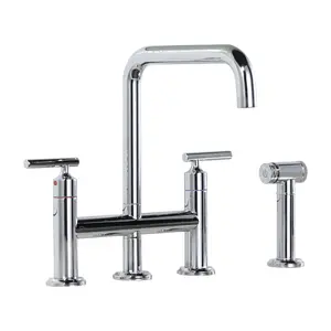 WOWOW Double Handle Brass Bridge Kitchen Faucet, Deck Mount Kitchen Sink Faucet with Side Sprayer in Polished Chrome