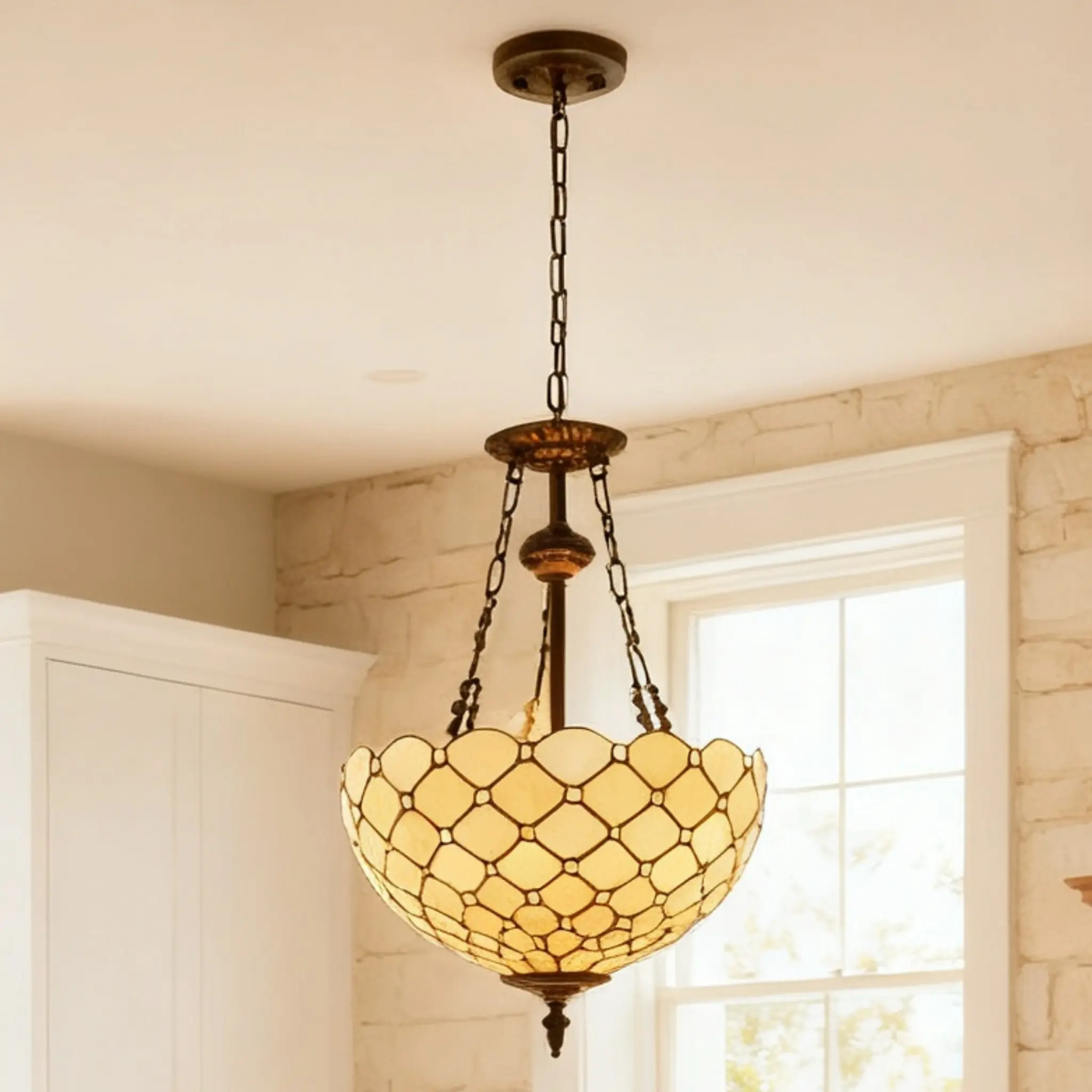 3 - Light Dimmable Geometric Chandelier Mount Lighting in Antique Brass with Chain and Art Glass Shade Tiffany Style Pendant Light Fixtures for Living Room Kitchen Hallway