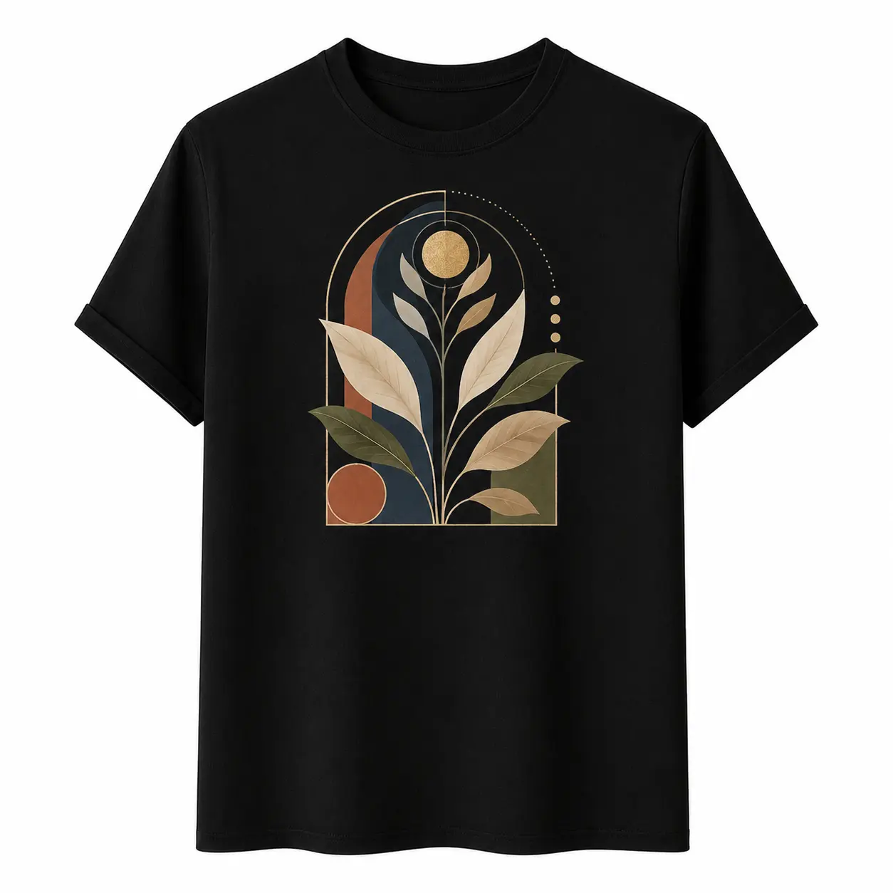 Boho Abstract Botanical Leaf Geometric Arch Graphic T-Shirt Minimal Neutral Earth Tone Plant Art Casual Unisex Tee