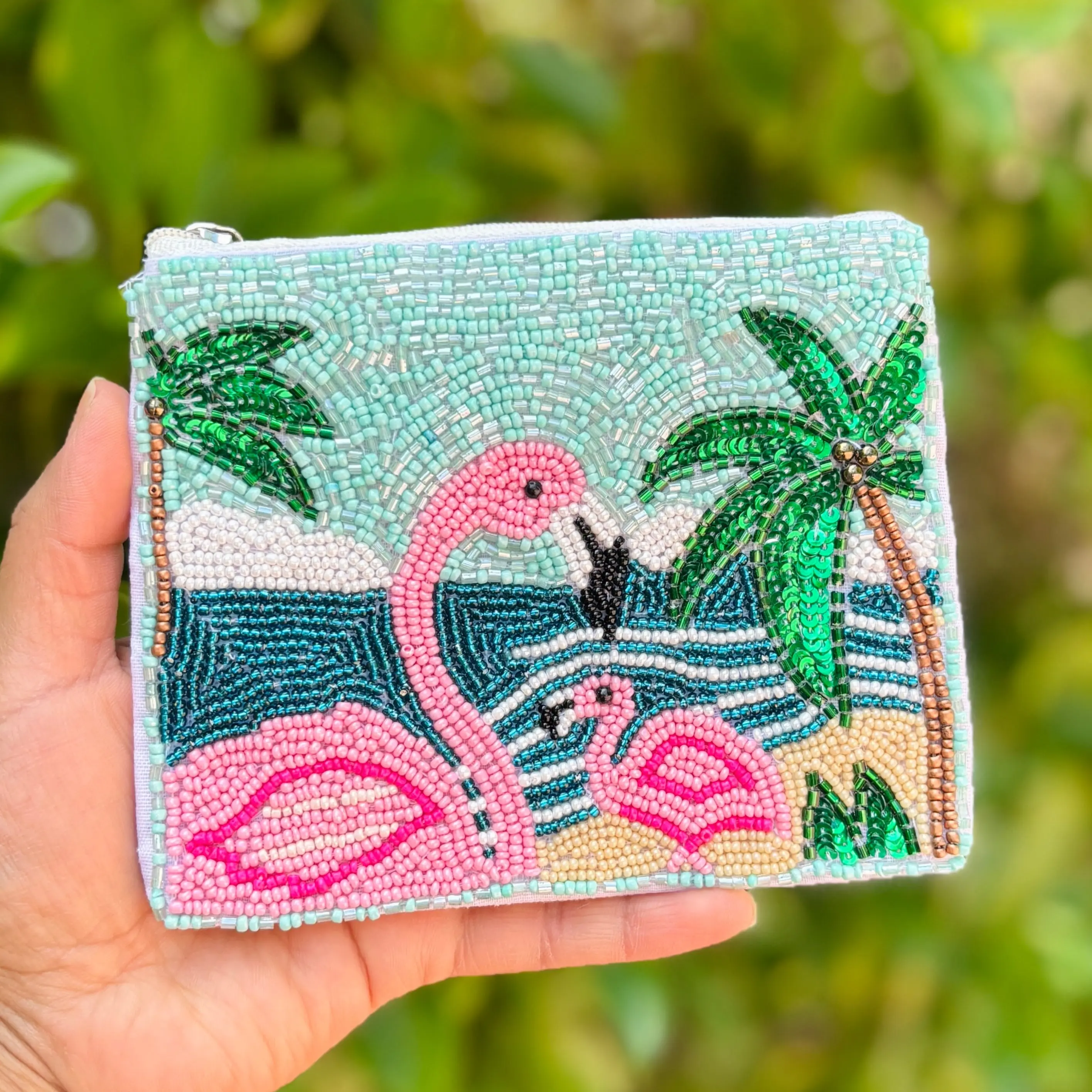 Women's Beaded Flamingo Pouch Purse, Artisanal Craftsmanship, Chic Design with Sequins, Palm Tree Accents for Tropical Flair
