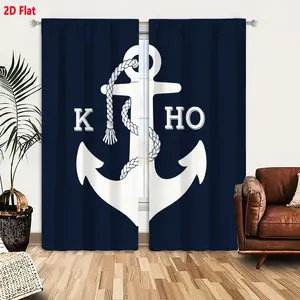 2D Flat White Nautical Anchor Pattern Blackout Curtains 2 Piece Set, Dark Blue Background with Coiled Rope Tassel, Bold 'K' 'HO' Letters, Decorative Home Living Room Bedroom Window Drapes, Light Filtering Privacy Curtains