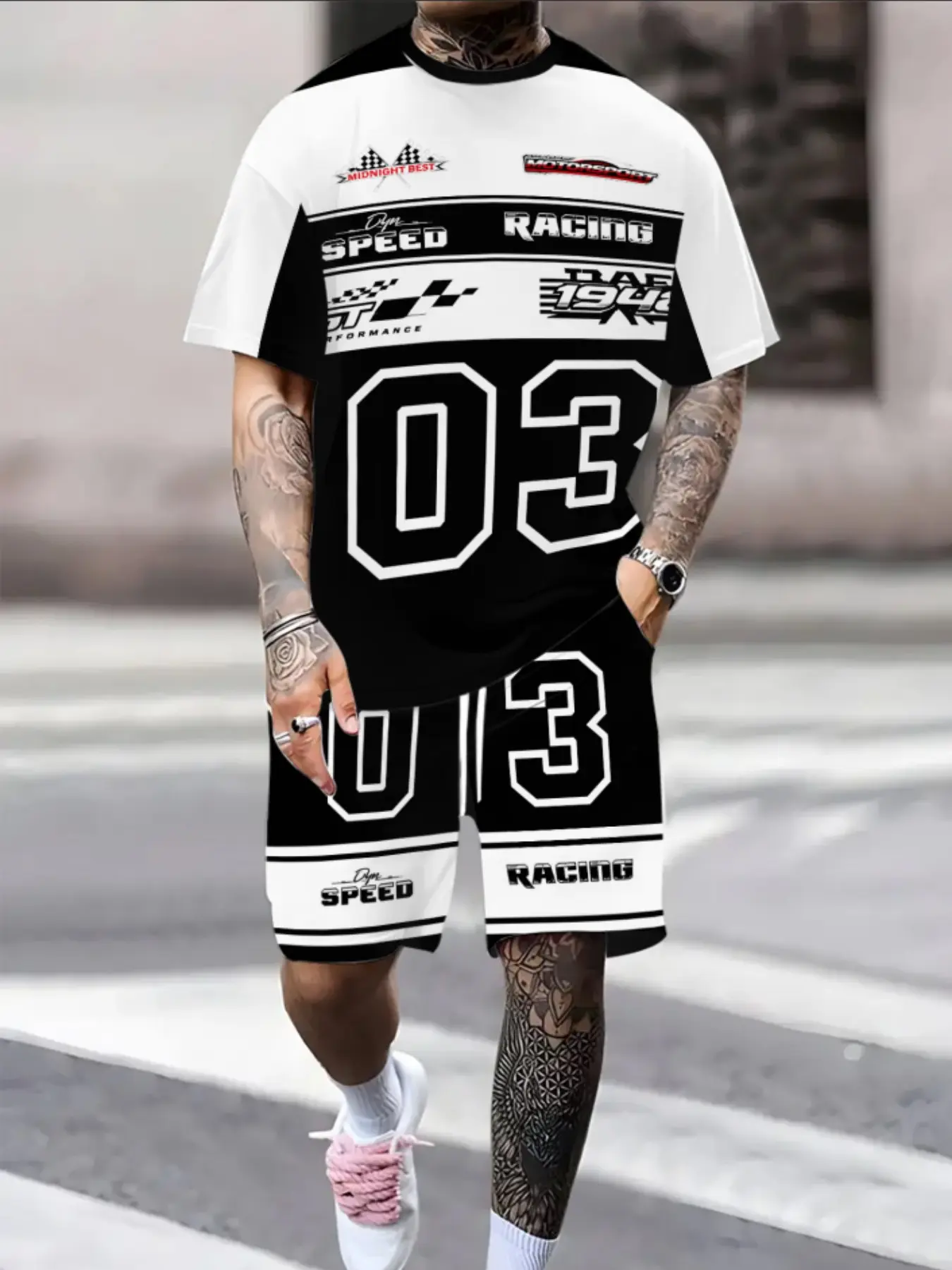 Men's Racing Style 3D Digital Print T-Shirt and Shorts Set, Outfit, Strong '03' Design, Speed Letters, Race Stripes, Gym, Sport, Outdoor, Casual Wear
