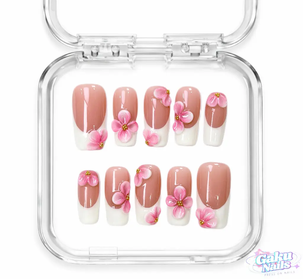 GakuNails SAKURA FRENCH 10 PCS Medium Square Handmade Press On 3D Flower French Tip Builder Gel selectable size Reusable Nails
