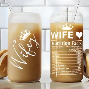 Trendy 16 oz Wifey & Wife Nutrition Facts Glass Tumbler with Bamboo Lid and Straw, Reusable Iced Coffee Cup Beer Can Glass for Boba Tea, Smoothie, Juice, Perfect Gift for Wife, Birthday, Anniversary, Valentine's Day, Bridal Shower
