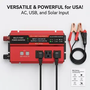 12V to 110V 5000W peak power inverter equipped with 3 AC outlets, dual 2.4A USB charging ports and clear LED voltage display. Includes car plug and battery clamps, perfect for RV, camping, road trips and emergencies.XY