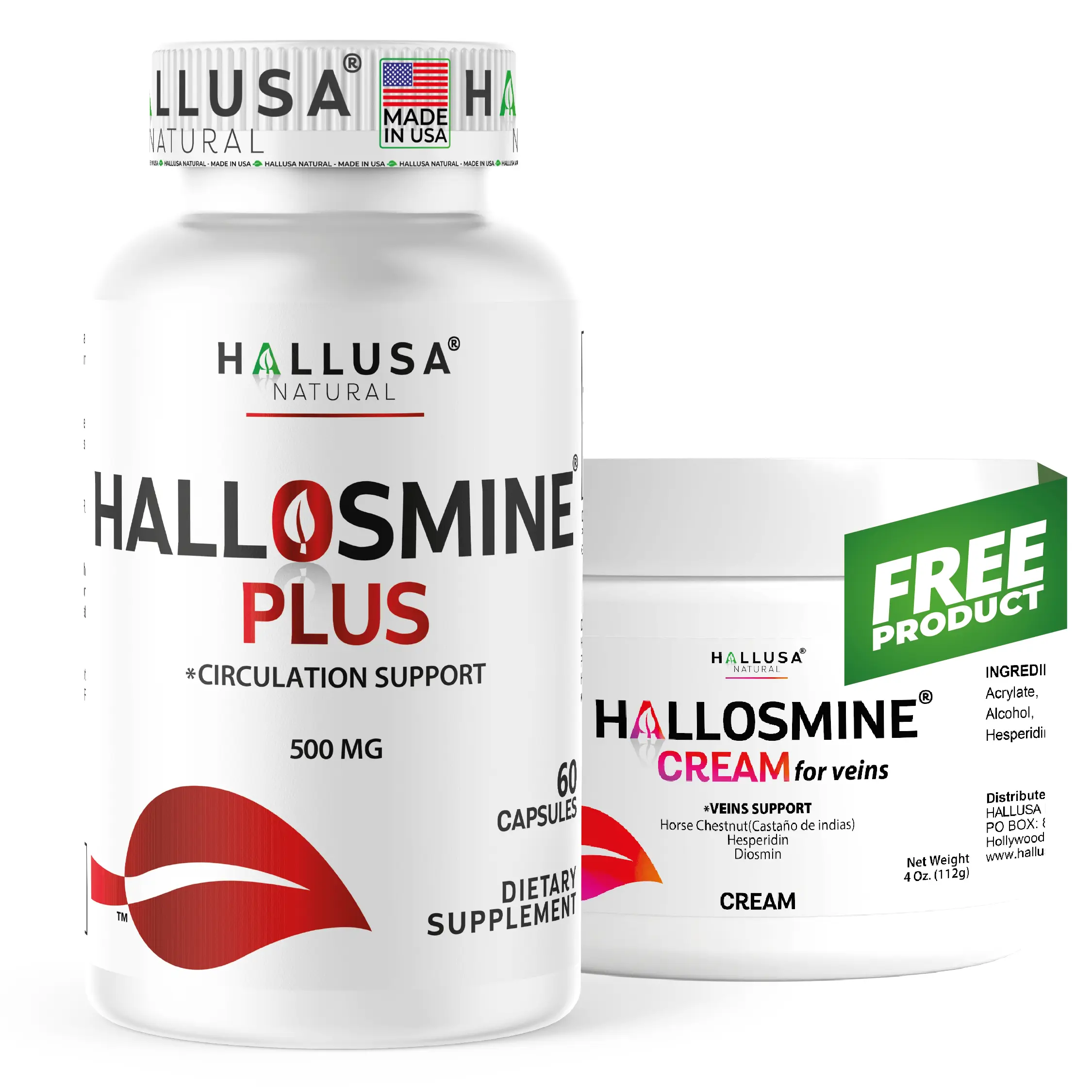 HALLUSA NATURAL HALLOSMINE PLUS Healthcare Dietary Supplement Capsules (500mg x 60) - Circulation Vein Support Cream Included, Hesperidin, High-Purity Diosmin, Non-GMO, Gluten-Free, Lactose-Free, Made in USA for Legs