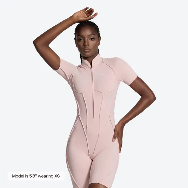 BetterMe Women's Ballet Pink Sleek Shorts Catsuit - Short-Leg 1-Piece Bodysuit Unitard Romper, Breathable Casual Gym Wear & Athletic Sports Clothing for Pilates, Everyday Wear