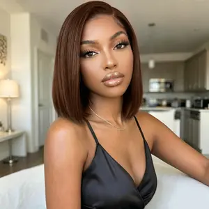 #4 Brown 14 Inch Straight Bob Wig 13x4 Lace Front Human Hair Wig