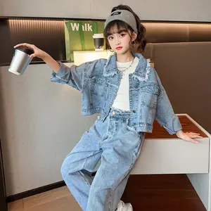 2pcs Vintage Denim Long-sleeved Jacket and Pants Set for Baby Girls, Suitable for Spring and Autumn, Perfect for Outdoor
