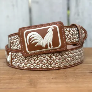 Natural “Gallo” Western Style Belt Made with Genuine Leather and Thread Embroidery | Made in Mexico