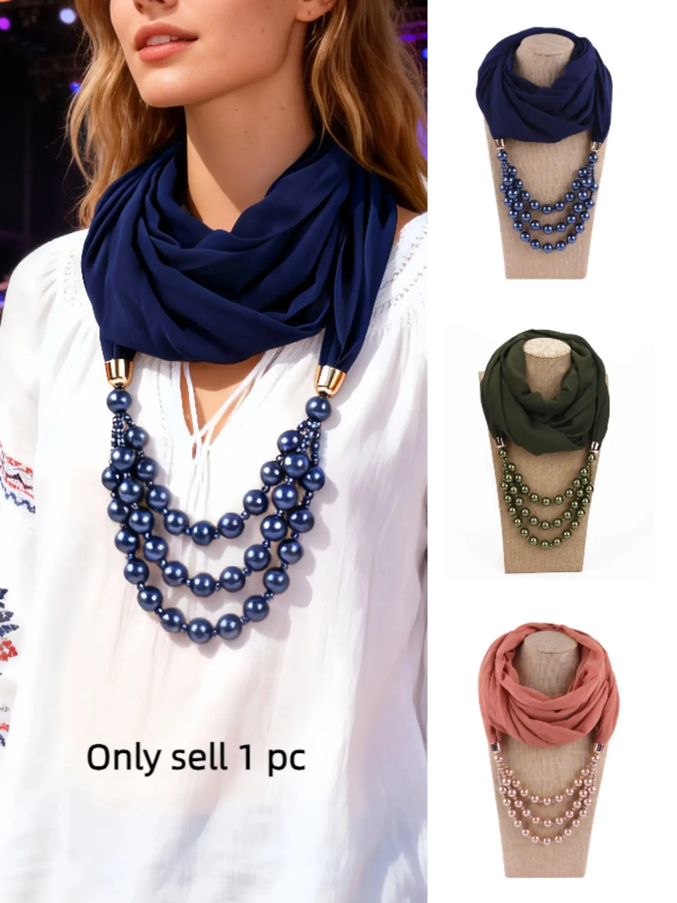 Elegant Women's Pendant Jewelry Scarf, Imitation Pearl Scarf with Necklace, Perfect for Festive, Fashionable Stylish Accessory for Holidays, Western Neck Scarf, Fashion Neck Shawl