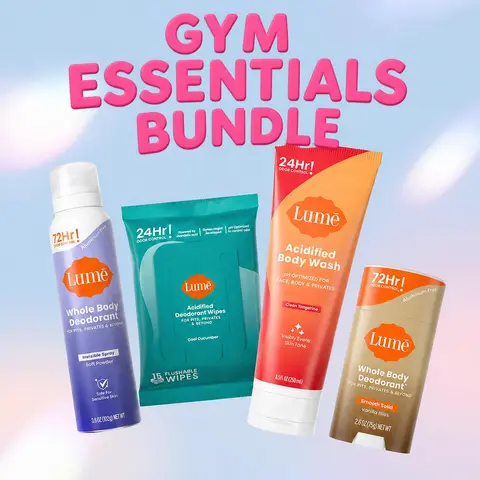 Lume Gym Essentials Bundle: Whole Body Deodorant Stick & Spray, Deodorizing Body Wipes, Acidified Body Wash