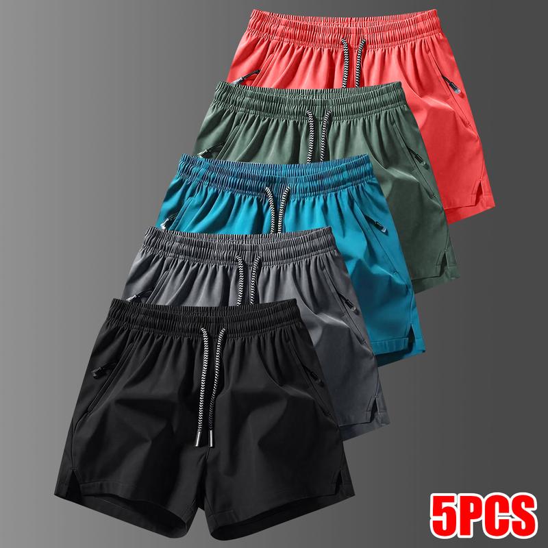 Men's 5-Pack Solid Color Casual Shorts with Zipper Pockets, Summer Fashion Drawstring Athletic Shorts, Suitable for Summer Gym Workouts, Running, and Outdoor Activities, Comfortable and Adjustable