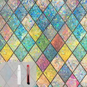 QHY Sunshine Colorful Rainbow Stained Glass Window Film Non-Adhesive Window Privacy Film Reusable Decorative for Room (Chequered Rainbow, 17.5 X 78.7 in)