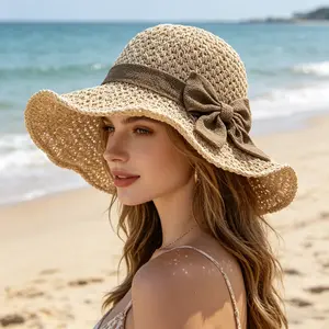 Handwoven Straw Floppy Hat for Women Wide Brim 10cm Sun Protection Adjustable Foldable Travel Beach Hat with Ruffled Bow Breathable French Elegance
