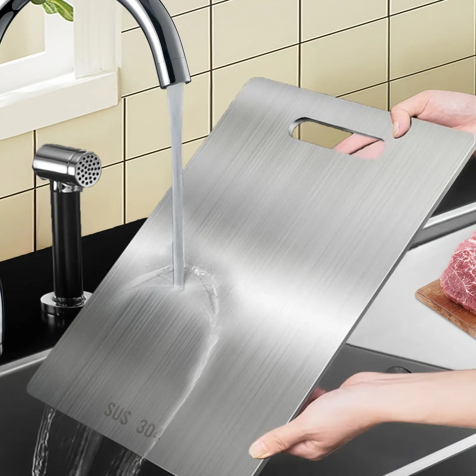 Clean in 1 Second” 304 Stainless Steel Cutting Board – Anti-Slip, Double-Sided, Bacteria-Proof & Dishwasher Safe