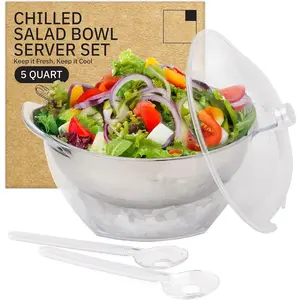 5QT Salad Bowl Set  Ice - Large Salad Bowl with Lid & 2 Servers - Chilled Tray for Cold , Party Buffet - Serving Bowl with Ice Tray Base for Garings