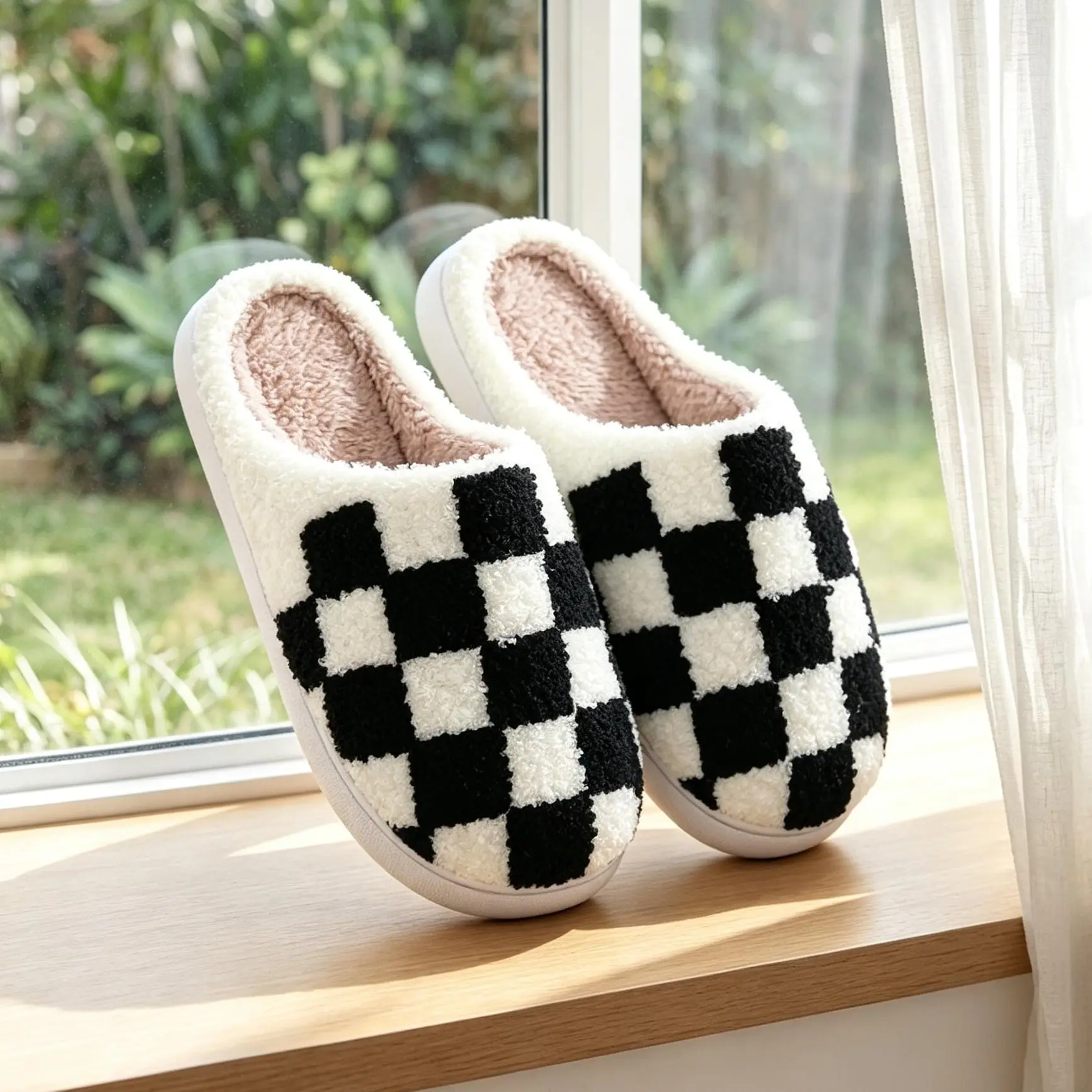 Unisex Checkered Home Footwear, Warm Plush Lined Slippers for Women with Memory Foam & Non-Slip Sole, Indoor Outdoor Slip-On Shoes, Gifts for Him, Thanksgiving, Round Toe
