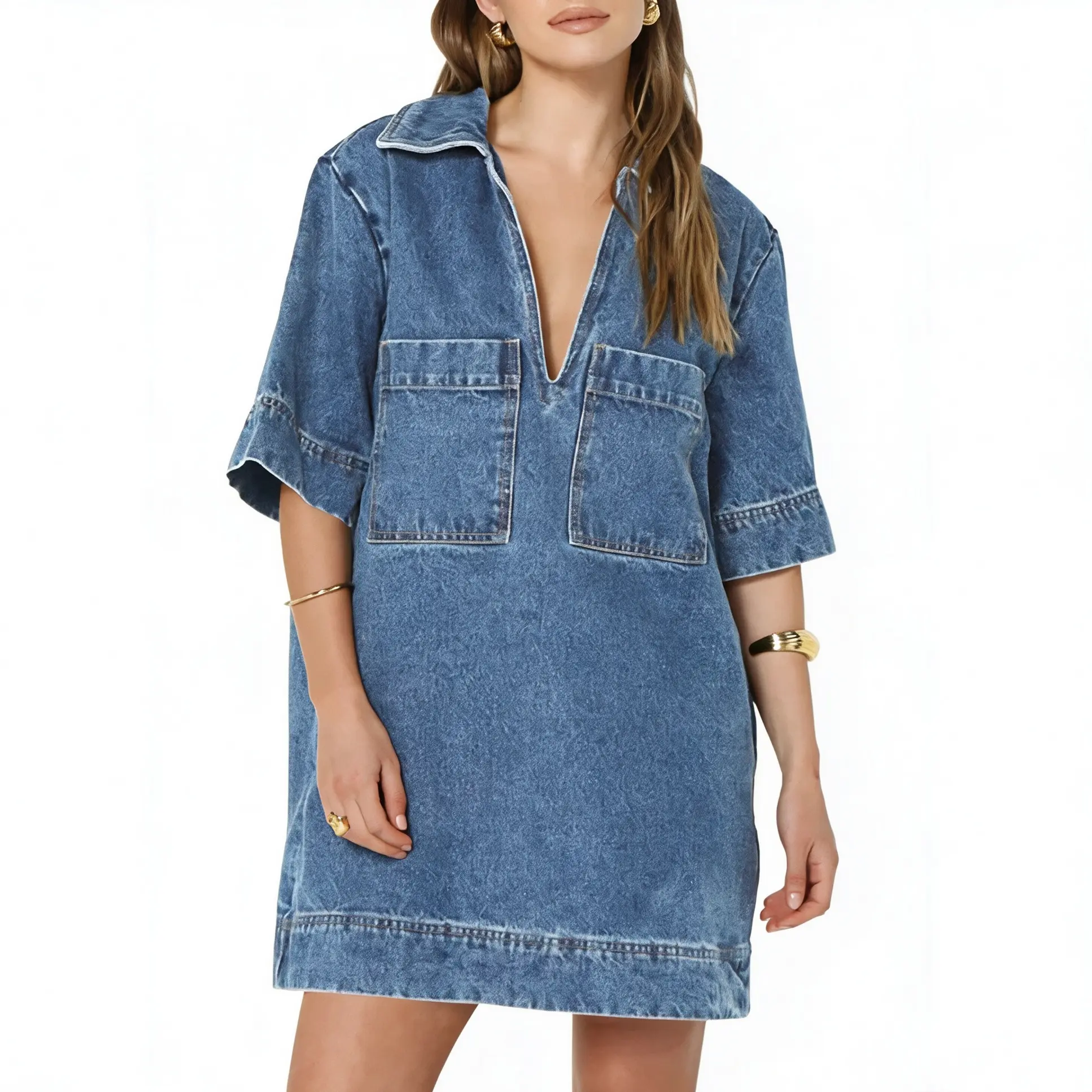 Women's Denim Shirt Dress - Collared V-Neck, Pockets, Machine Washable Casual Summer Mini Piece for Casual Outfits, Denim Dresses, Machine Washable Casual Dresses