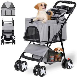 Pet Republic 3-in-1 Foldable Oxford Fabric Pet Stroller with Detachable Carrier, 4-Wheel Stability, Ventilation, Storage Basket, Cup Holder for Small Dogs & Cats, Gray