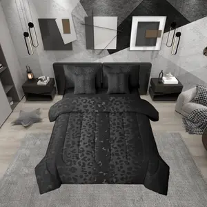 Ombre Black Grey Leopard Print Comforter Bed Set,7 Pieces Cheetah Fur Bed Bag,Animal Skin Pattern Bed Set,Women Men Adults Bedding